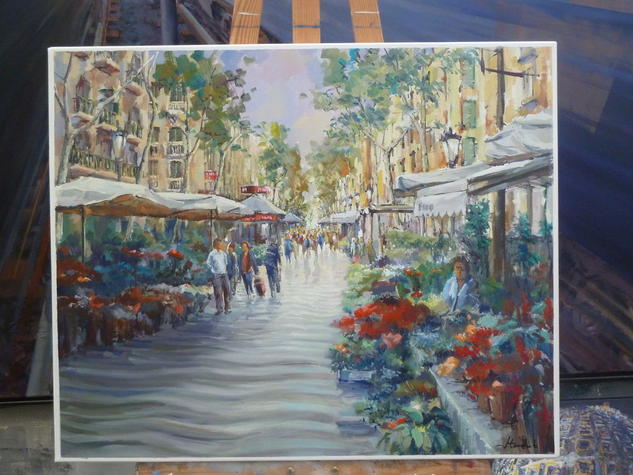 Rambla de les Flors Barcelona Óleo Lienzo Paisaje
