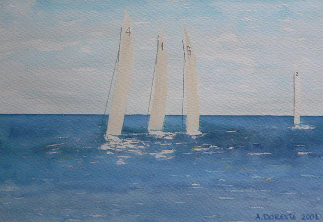 Regata Vela Latina Acuarela Papel Marina