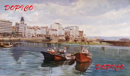 Dársena de A Coruña. Óleo Lienzo Marina
