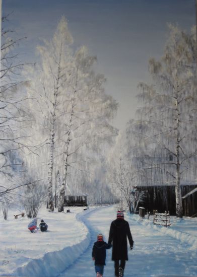 HOMBRE Y NIÑO EN LA NIEVE Canvas Oil Landscaping