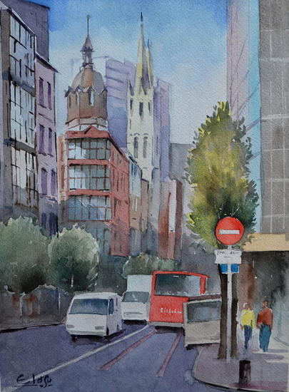 Paisaje Urbano-Bilbao Acuarela Papel Paisaje