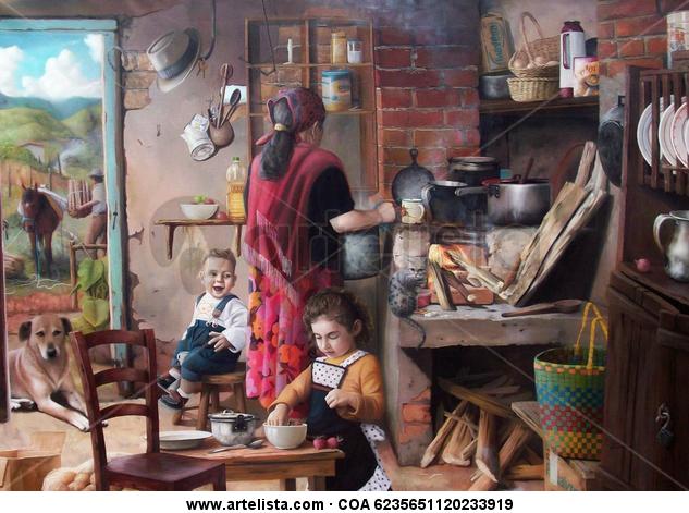La cocina de la abuela. Lienzo Óleo Figura