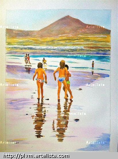 Paseo por Famara Acuarela Papel Figura