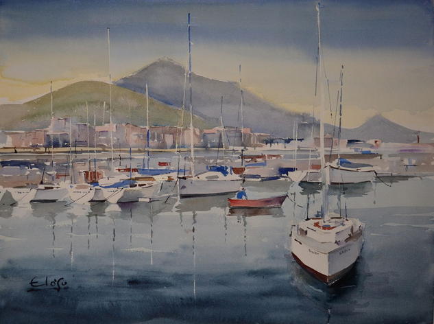 Embarcaciones en el Marítimo Acuarela Papel Marina