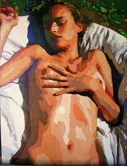 MUJER DORMIDA AL SOL Óleo Tabla Desnudos