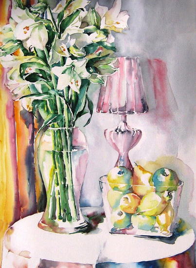 Bodegon con azucenas Paper Watercolour Still Life Paintings