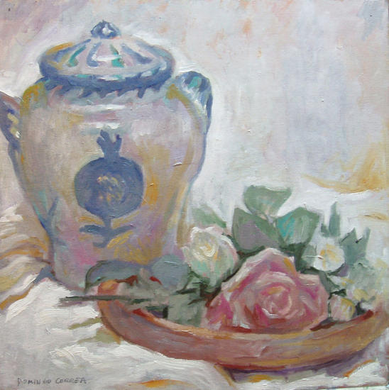 Rosas y Cerámica de Granada Óleo Lienzo Floral