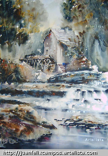 Molino de agua Papel Paisaje Acuarela