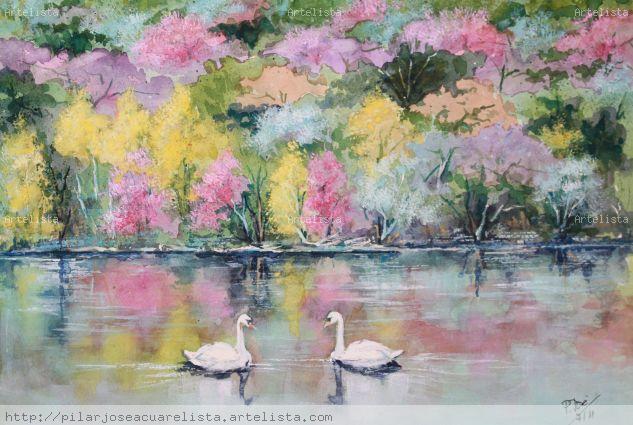 lago de los cisnes Acuarela Papel Paisaje