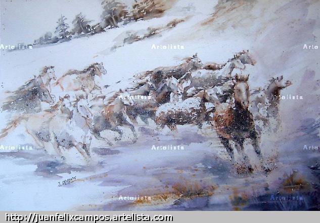 Caballos en la Nieve Papel Paisaje Acuarela