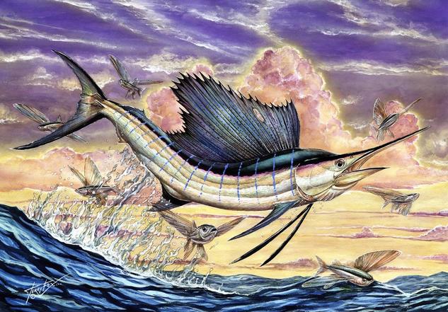 Sailfish And Flying Fish In The Sunset Animales Acrílico Cartulina