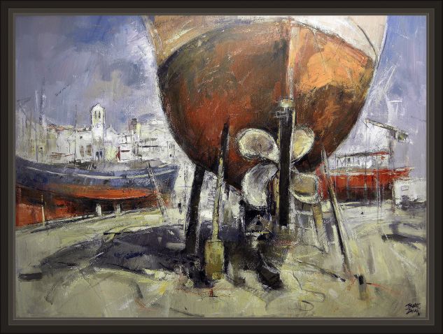 AMETLLA DE MAR-PORT-PUERTO-MARINAS-BARCOS-PINTURAS-CUADROS-ERNEST DESCALS Óleo Lienzo Marina