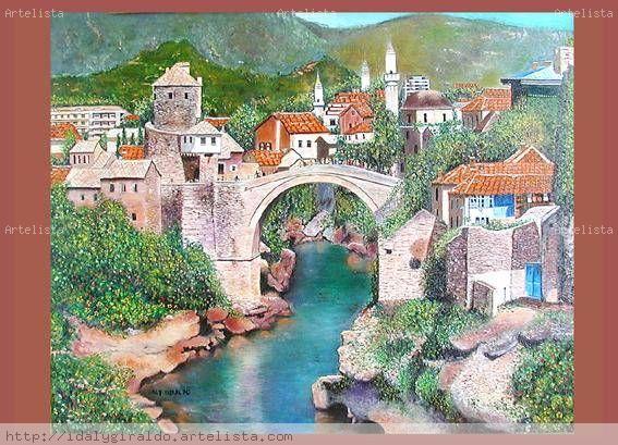The old city of Mostar Óleo Lienzo Paisaje