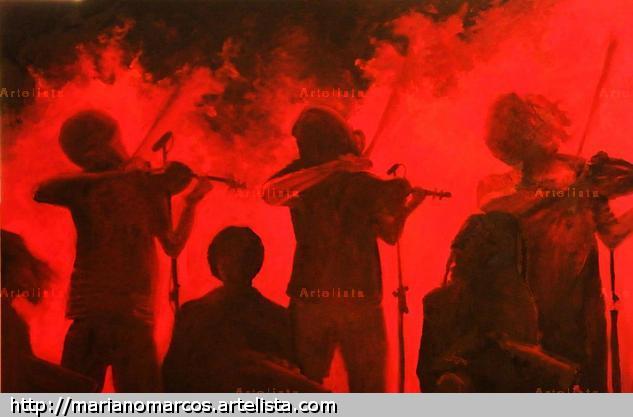 violines y bandoneones al rojo Óleo Figura Tabla