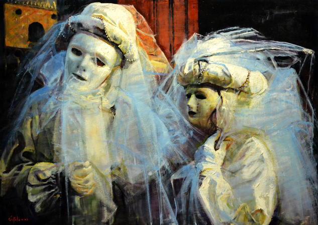 Una Pareja de Carnaval Óleo Tabla Figura