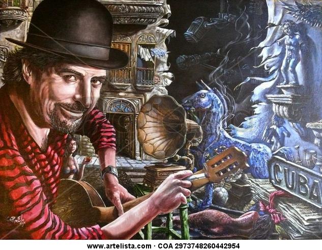 a Joaquin Sabina Oil Canvas Portrait