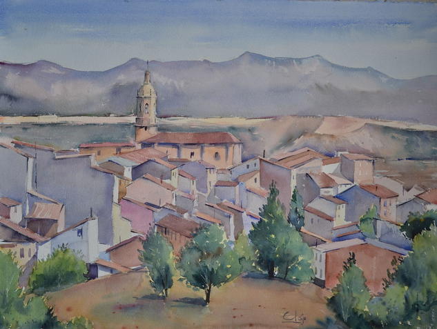 Panorama de Cenicero Acuarela Papel Paisaje