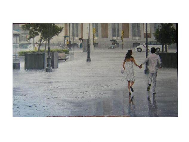 PAREJA BAJO LA LLUVIA Panel Oil Landscaping