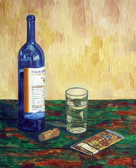 Bodegón con botella, vaso y tabaco Óleo Lienzo Bodegones