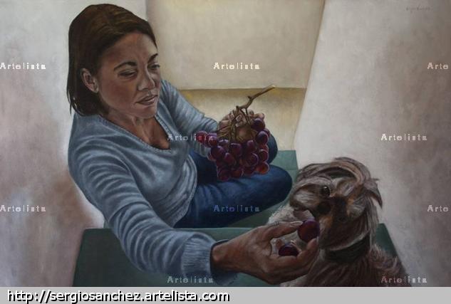 Uvas para un perro que mira. Lienzo Óleo Retrato