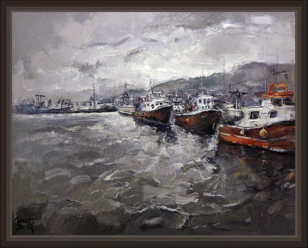 SANT CARLES DE LA RAPITA-TARRAGONA-MARINAS-PUERTO-MARINA-PINTURAS-ERNEST DESCALS- Óleo Lienzo Marina