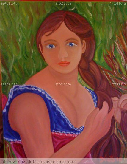 MECIENDO MI PELO Óleo Lienzo Retrato