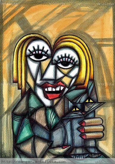 MUJER_CON_GATO Técnica Mixta