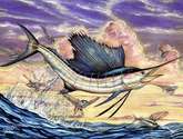 sailfish and flying fish in the sunset