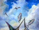 small tuna and blue marlin jumping 