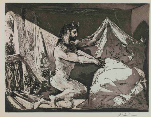 : Pablo Picasso (1881-1973), Faun uncovering a sleeping woman; plate 27 of the Vollard Suite. 12 June 1936. Etching and acquatint. Presented by the Hamish Parker Charitable Trust in memory of Major Horace Parker.