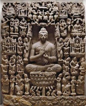 Vision of a Buddha Paradise. Pakistan. 4th century CE. Light gray schist. H. 46 7/8 x W. 38 3/16 x D. 11 in. (119 x 97 x 28 cm). Lahore Museum, Lahore. Photos by Peter Oszvald, © Kunst- und Ausstellungshalle der Bundesrepublik Deutschland, Bonn.