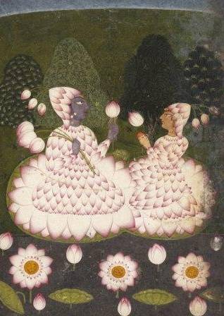 India. Punjab hills, Mankot. Lotus-clad Radha and Krishna c 1700-10 opaque watercolour (gouchae) on paper. Art Gallery of New Wales Collection