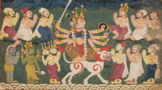 Mahalakshmi montada en su león (Mahalakshmi Riding her Lion ) Nepal, c. 1750 Acuarela opaca sobre papel. 12,2 x 21,5 cm Edwin Binney 3rd Collection. 1990.166