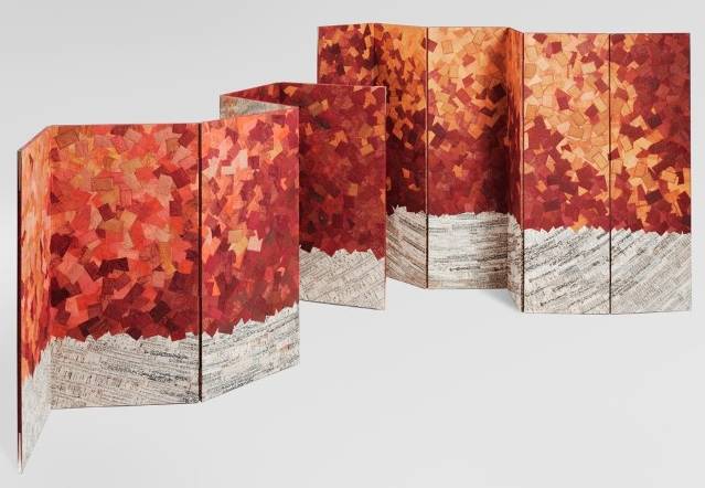 Kotodama, 2008. Motoko Maio, Japanese, born 1948. Silk and paper, mounted as a screen, [2009 79 1a]: 60 1/16 x 105 1/8 inches (152.5 x 267 cm) [2009 79 1b]: 48 1/16 x 144 1/8 inches (122 x 366 cm). Philadelphia Museum of Art, Purchased with funds contributed by Mr. and Mrs. Howard H. Lewis and an anonymous donor, 2009. 