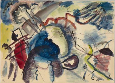 Wassily Kandinsky, Study for Painting with White Border (Moscow), 1913. Watercolor and India ink on paper mounted on gray paper, 10 7/8 x 14 7/8 in. sheet, 13 3/4 x 18 in. mount. Städtische Galerie im Lenbachhaus und Kunstbau, Munich, GMS 131. © 2011 Artists Rights Society (ARS), New York / ADAGP, Paris.