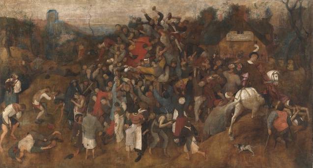 El vino de la fiesta de San Martín después de la restauración.   El vino de la fiesta de San Martín  Pieter Bruegel el Viejo  1566-1567  Temple de cola sobre lienzo, 148 x 270,5 cm  Madrid, Museo Nacional del Prado   